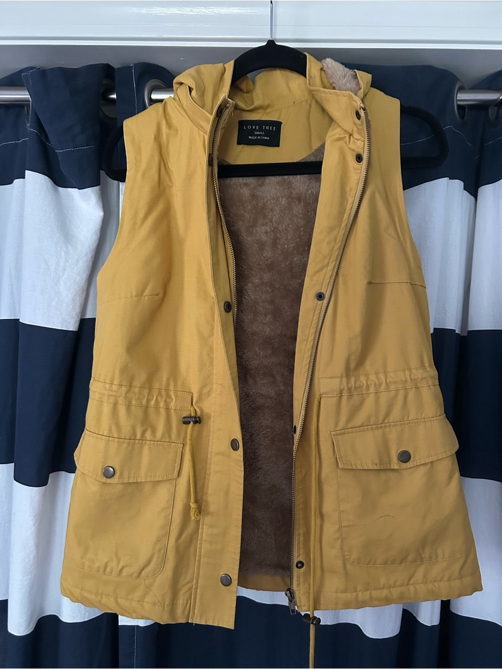 Love Tree Mustard Hooded Faux-Fur Lined Utility Vest
